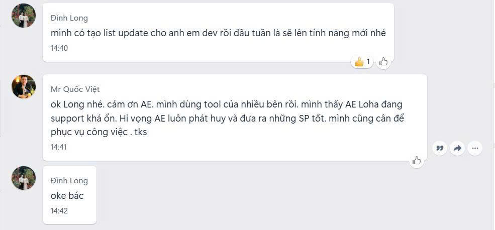 Anh Quốc Việt nhắn đã dùng tool nhiều bên và thấy đội Loha support khá ổn